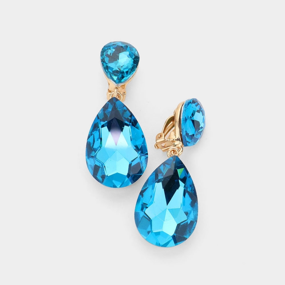 Aqua Dangle Crystal Clip On Earrings 2 Inches Double Tear Drop ClipOns Jewelry